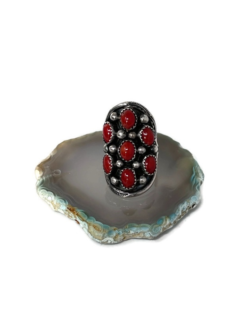 Vintage Navajo Red Coral Cluster Sterling Silver Signed Ring